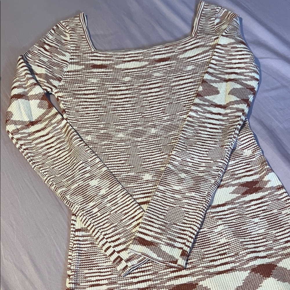 Storia Long Sleeve Knit Dress in Cream and Brown